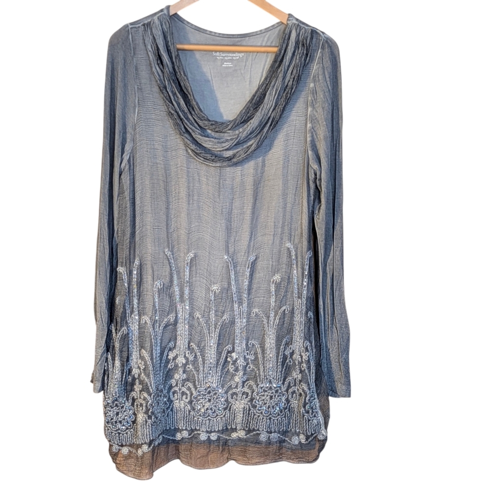 Soft Surroundings Gray Embroidered Cowl Neck Tunic Top M Silk Business Casual
